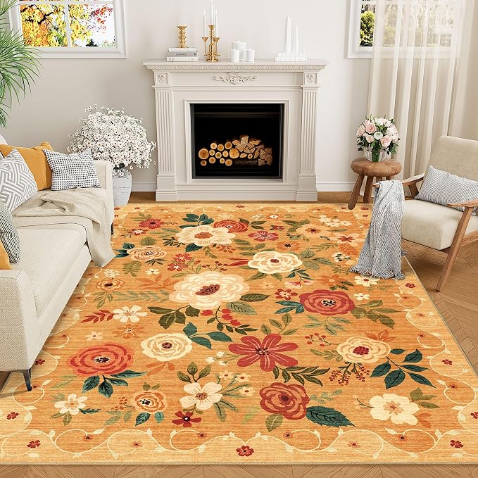 DUKINO 9x12 Area Rug for Living Room, Floral Washable Rug Non Slip, Low Pile by DUKINO