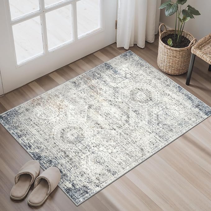 Soalmost 2x3 Washable Rugs for Kitchen, Small Area Rug Blue/Ivory | Non-Slip by Soalmost