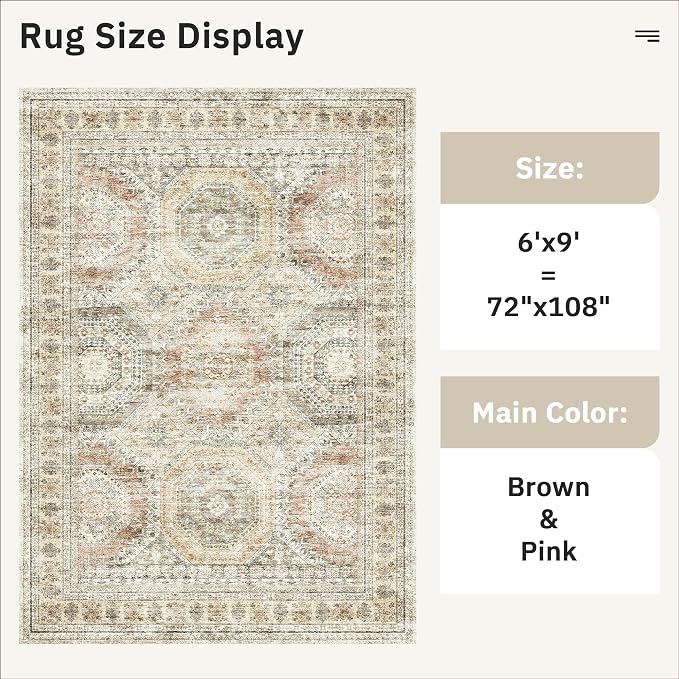Soalmost 6x9 Area Rug for Living Room Washable Rugs Non-Slip Brown/Pink | - Image 3