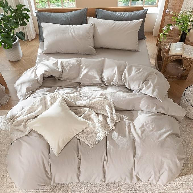 MooMee Bedding Duvet Cover Set 100% Washed Cotton Linen Like Textured Breathable Durable Soft Comfy (Solid Light Tan, King 104"x90")