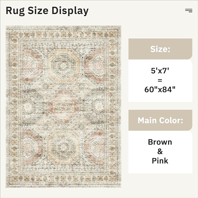 Soalmost 5x7 Area Rugs Brown/Pink Low Pile Washable Trendy Faded Style Rug | - Image 3