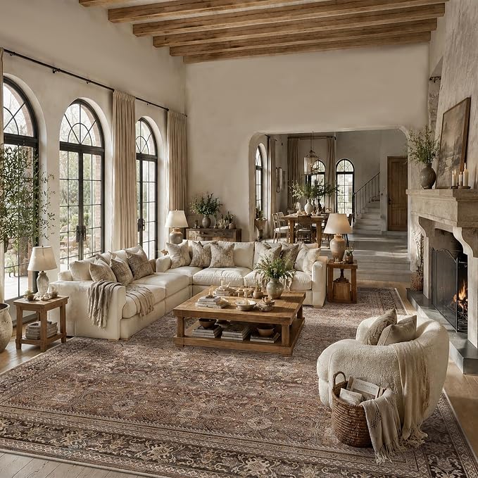 Schweek 10x14 Washable Area Rug Brown Neutral Vintage Distressed Large Rugs | - Image 3