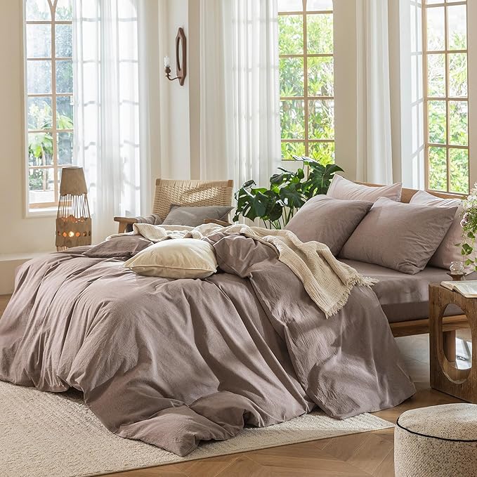 MooMee Bedding Duvet Cover Set 100% Washed Cotton Linen Like Textured Breathable Durable Soft Comfy (Heathered Mauve Brown, King 104"x90")