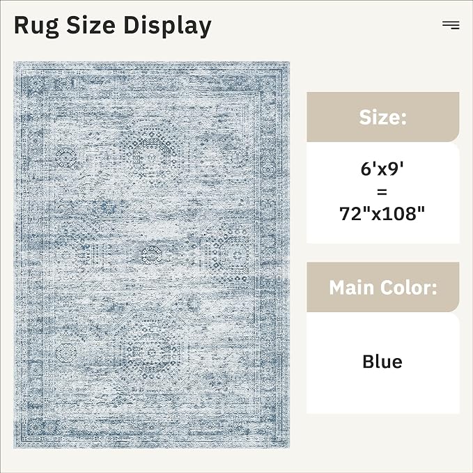 Soalmost 6x9 Area Rug for Living Room Washable Rugs Non-Slip Blue | Low-Pile - Image 3