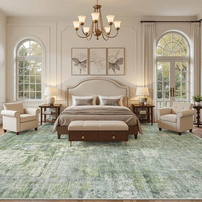 Soalmost 10x14 Area Rugs for Living Room Washable Rug Abstract Green/Ivory | - Image 3