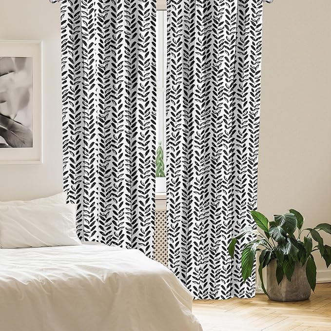 Ambesonne Black and White Window Curtains, Modern Grunge Botany Motif Monochrome Brush Paint Style Strokes, Lightweight Decor 2-Panel Set with Rod Pocket, Pair of - 28" x 63", White and Black