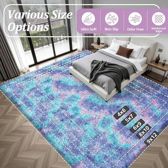 Area Rug Living Room Bedroom: 5x7 Fluffy Plush Shag Carpet Rainbow | - Image 9