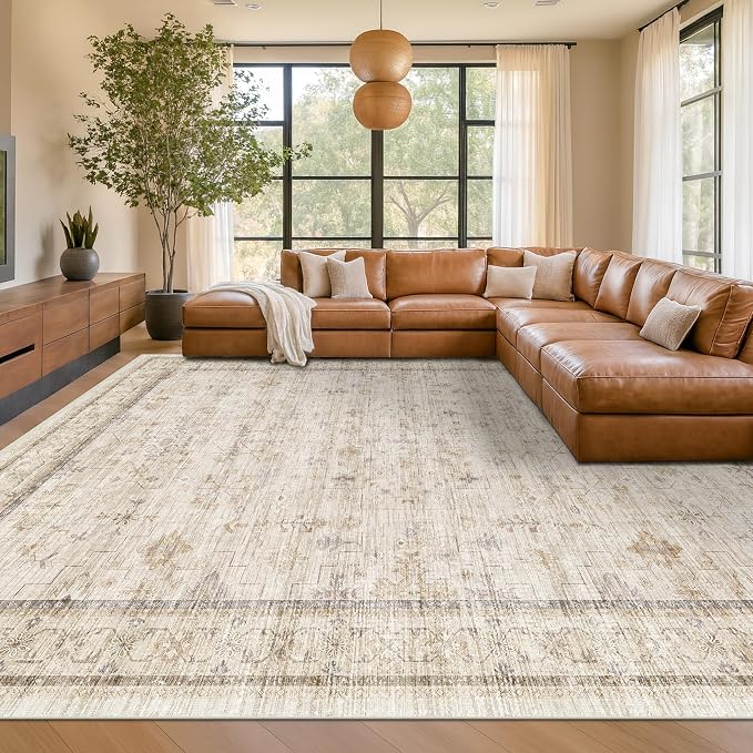 Washable Ivory Beige Living Room Rug, 8x12 Non Slip Area Rugs - Image 6