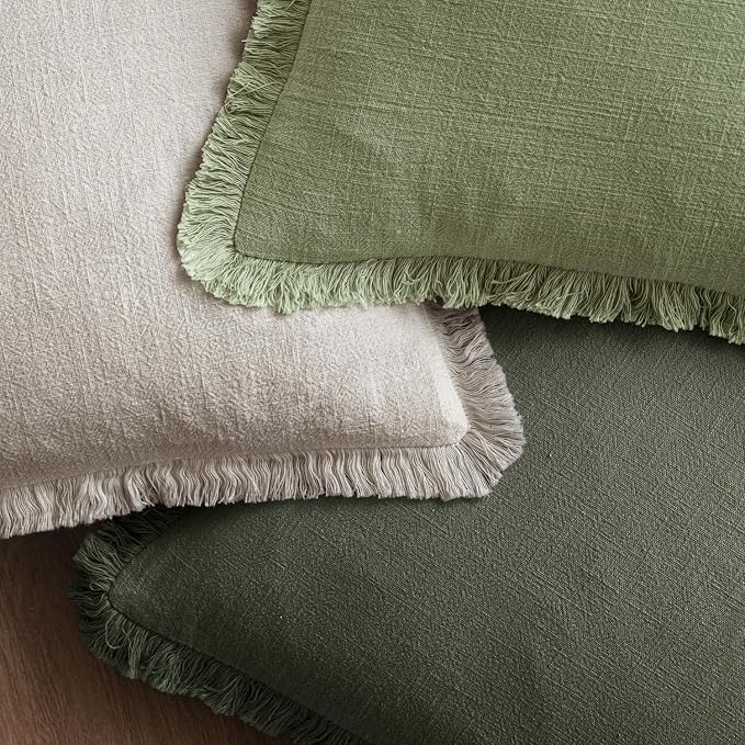 MIULEE Boho Linen Fringe Decorative Throw Pillow Covers Rifle Green 18x18 | Set - Image 4