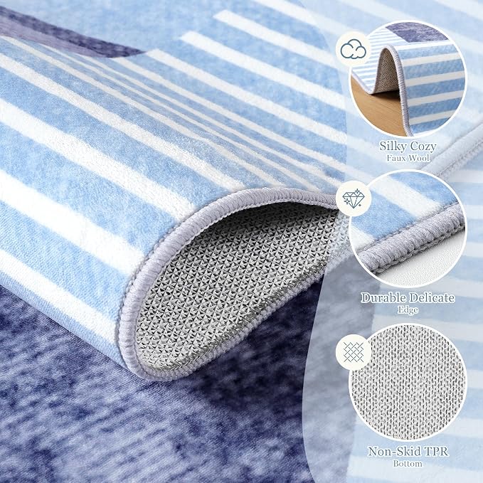 Area Rug 4x6 Blue Rug Washable Rugs Non Slip Low Pile Small Carpet - Image 4