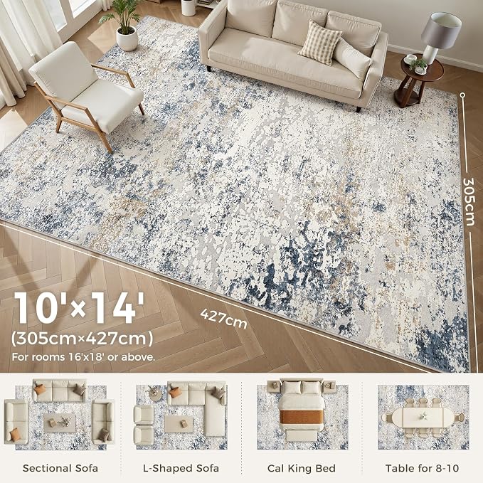 DMOYEST Area Rug Living Room Rugs 10x14 Washable Abstract Beige Blue Carpet | - Image 2