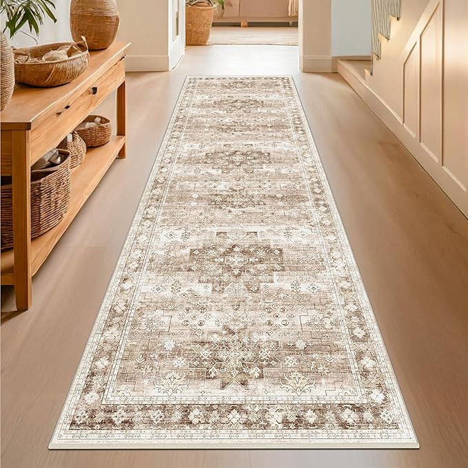 Beige Washable 2'6"x8' Wide Hallway Runners, Kitchen Runner Rug, Non-Slip & by HazoHaus