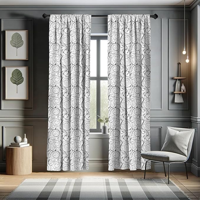 Ambesonne Black and White Curtains, Scribble Swirling Motifs Spiral Floral Stems Modern Abstract Scroll, Window Treatments 2 Panel Set for Living Room Bedroom, Pair of - 28" x 95", White Charcoal Grey
