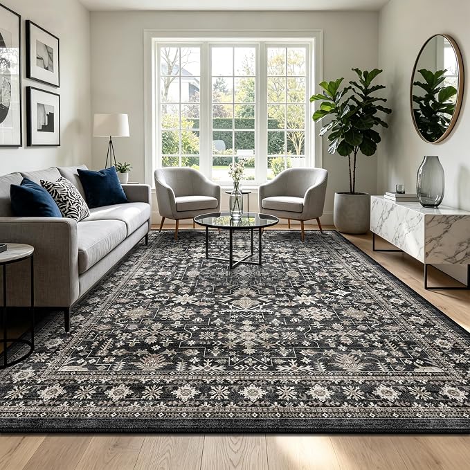 Grey Area Rug 9x12 for Living Room Bedroom | Low Pile; Non Slip;Machine by WelcometoBabovid