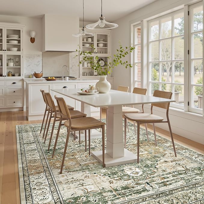 Soalmost 5x7 Area Rug Low Pile Washable Trendy Faded Style Rug, Olive Beige | - Image 9