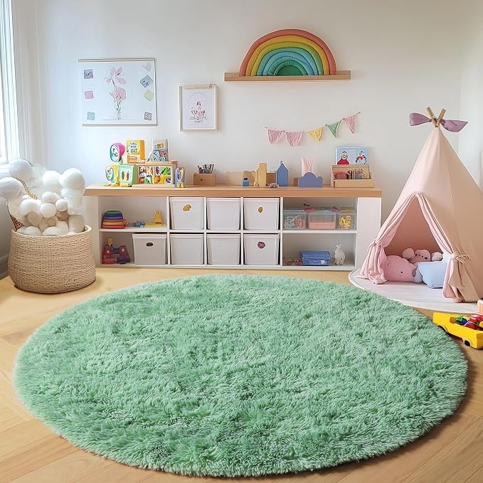 Sage Green Round Area Rugs 5ft, Fluffy Soft Bedroom Circle Rug - Image 5