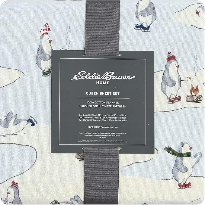 Eddie Bauer - Full Sheets, Cotton Flannel Bedding Set, Brushed for Extra Softness, Cozy Home Decor (Skating Penguin, 4 pcs, Full)