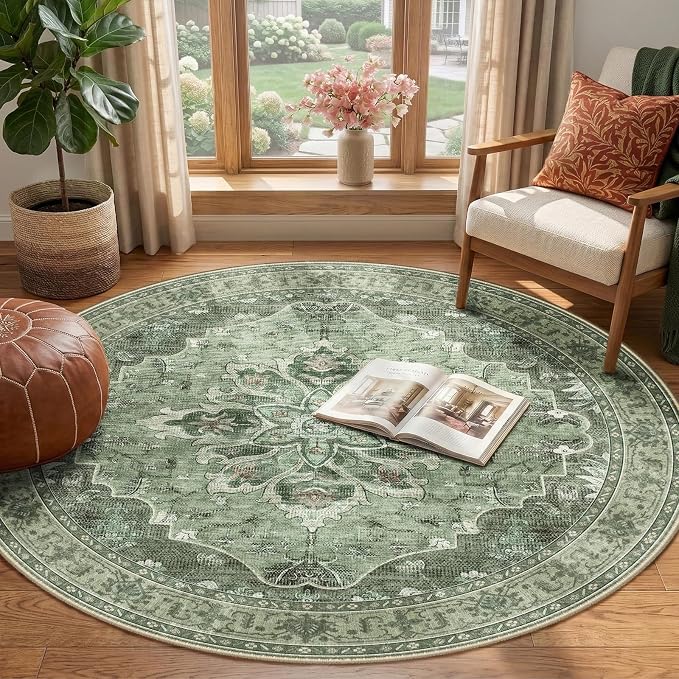 RELEANY Washable Area Rug, Round 4ft, Water Repellent, Pet Friendly, Vintage - Image 2
