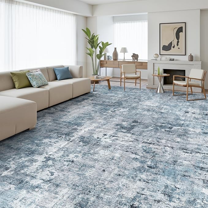 Soalmost 10x14 Area Rugs for Living Room Washable Rug Abstract Blue/Grey | - Image 2
