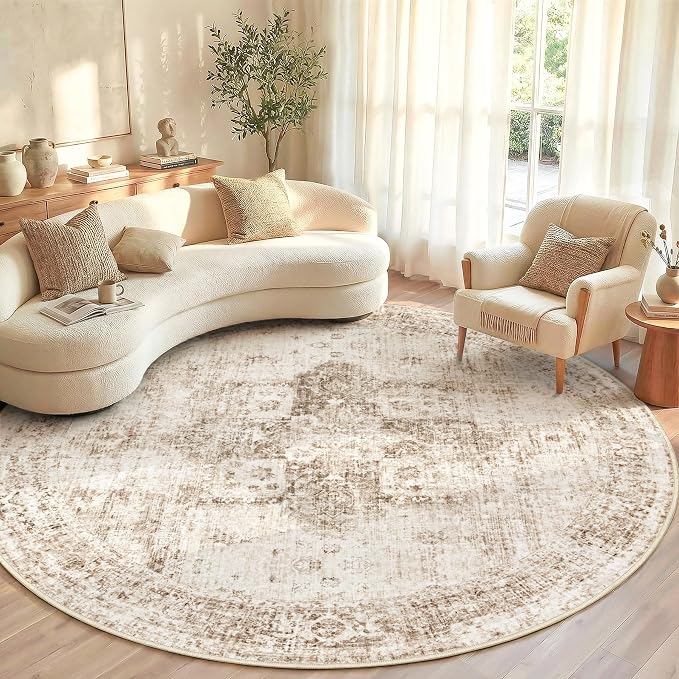 Round Rugs 6ft Washable Rug, Vintage Boho Medallion Rugs Non-Slip Soft Low Pile by VECARF