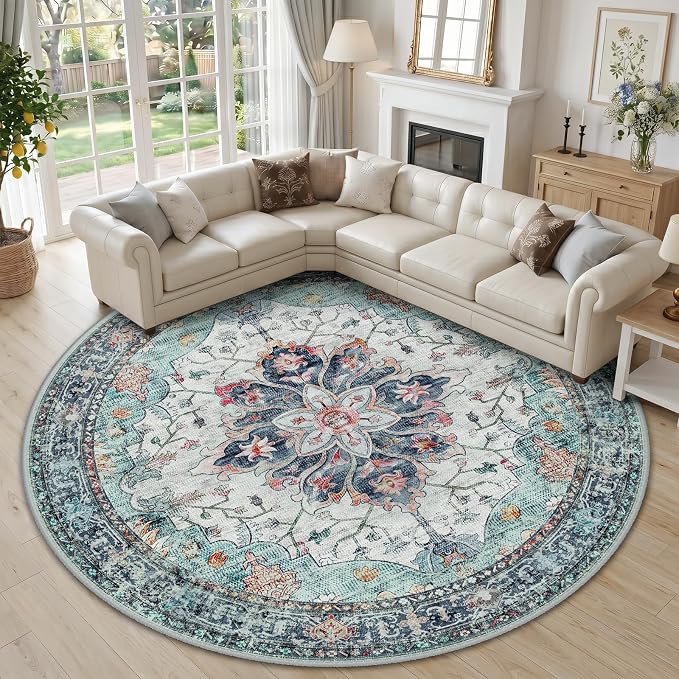 RELEANY Washable Area Rug, Round 10ft, Teal Green/White/Navy | Non-Slip by RELEANY