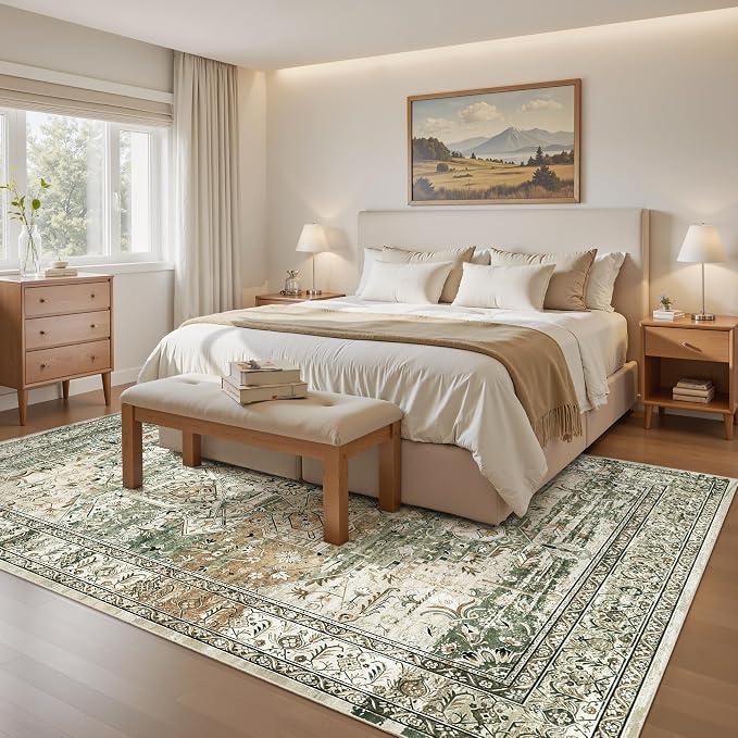 Soalmost 6x9 Area Rug for Living Room Washable Rugs Non-Slip Olive Beige | - Image 8