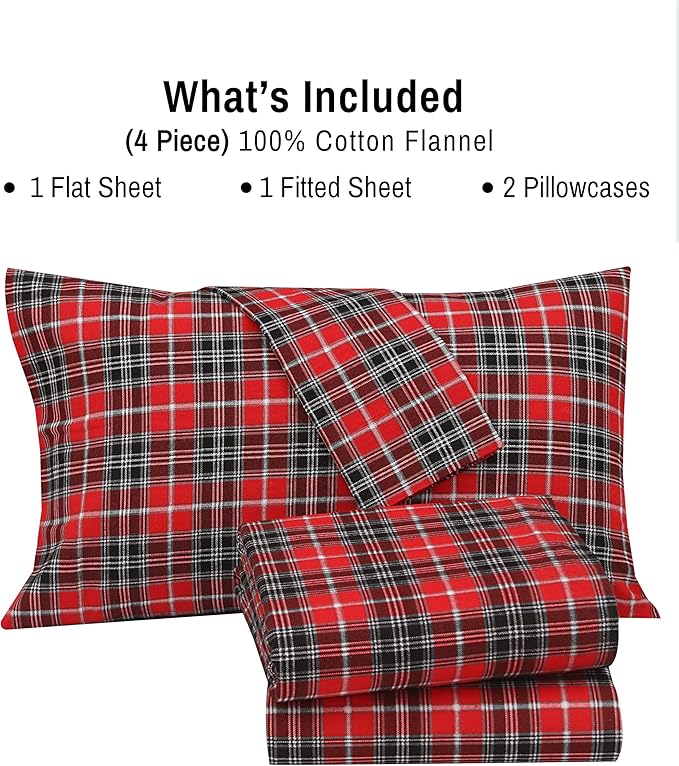 RUVANTI Flannel Sheets Queen Size - 100% Cotton Double Brushed Bed Sheets, Deep Pockets 16 Inches Queen Sheet Set, All Seasons Breathable & Extra Soft - Warm & Cozy, 4 Piece, Red Plaid