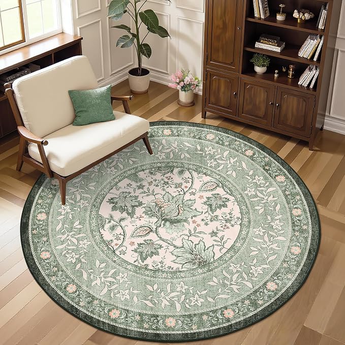 GarveeHome Sage Green Botanical Grove 5ft Round Rug, Small Circle Vintage by GarveeHome