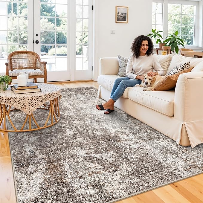 6x9 Area Rug Living Room Washable Neutral Brown Beige | Soft Low Pile Non Slip - Image 3