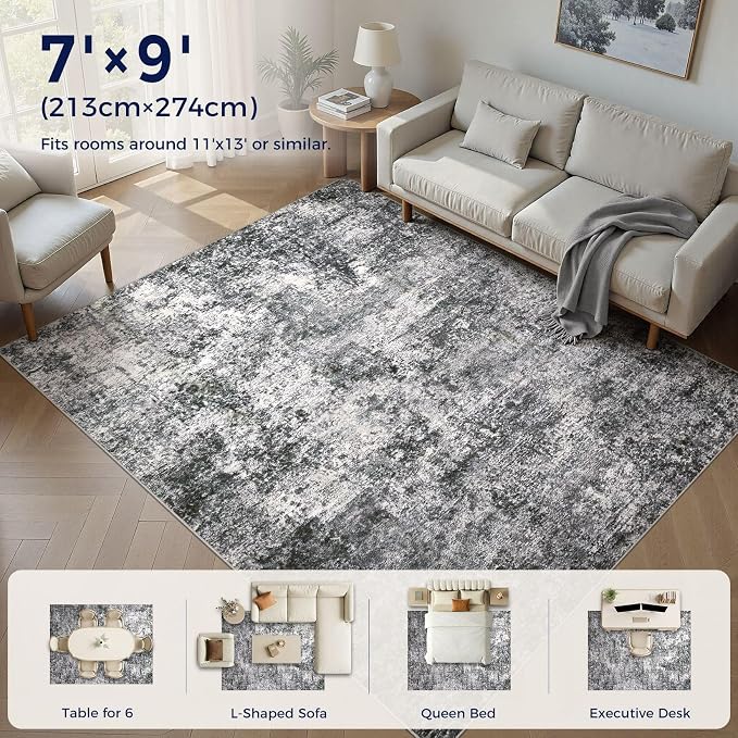 DMOYEST Area Rug Living Room Rugs 7x9 Washable Abstract Grey Carpet | Neutral - Image 7