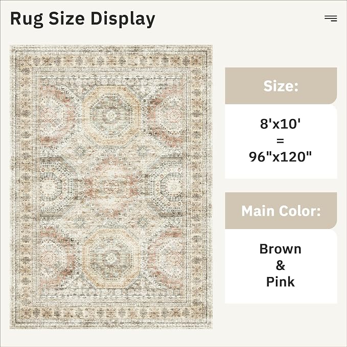 Soalmost Washable Area Rug 8x10 Large Soft Living Room Rugs Brown/Pink | - Image 3
