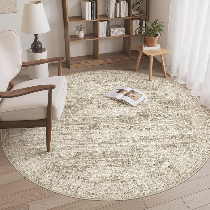 Soalmost 5x5 Brown Round Rug 6ft Circle Living Room Area Rugs Non-Slip | - Image 2