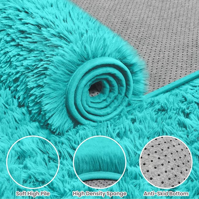 4x6 Fluffy Shag Area Rugs for Living Room Bedroom: Soft Carpet Teal Blue | - Image 6