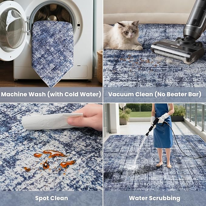 8x10 Washable Area Rug for Living Room Bedroom: Non-Slip Modern Navy Blue | - Image 5