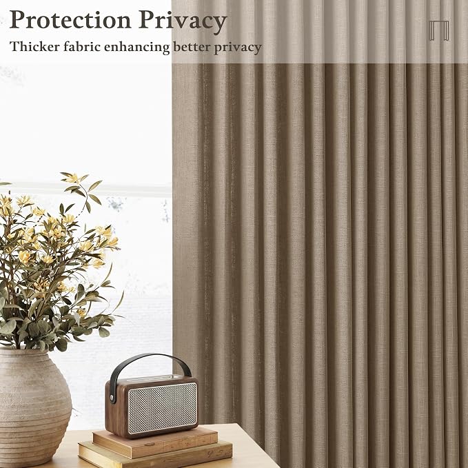 102 Inch Light Brown Thick Linen Pleated Semi Sheer Curtains - Image 2