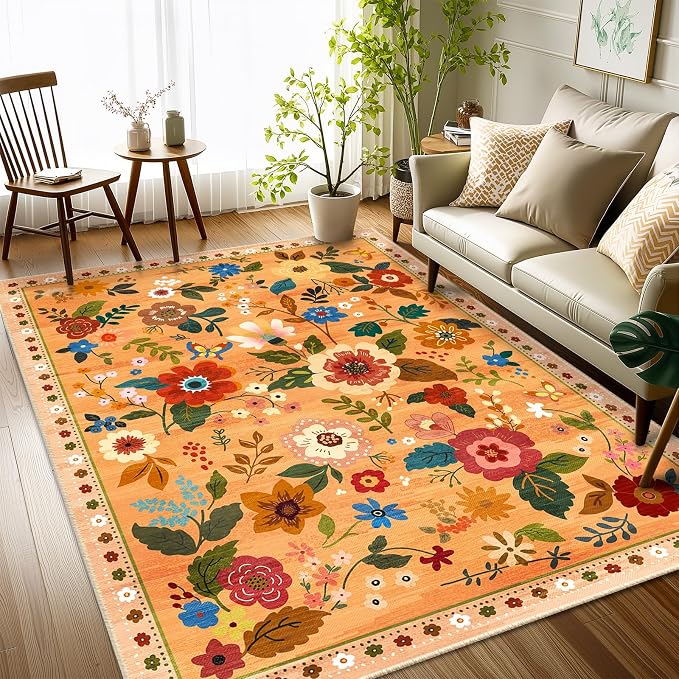 RELEANY Floral Washable 3x5 Area Rugs Yellow/Orange/Red | Flower Carpet Print - Image 6