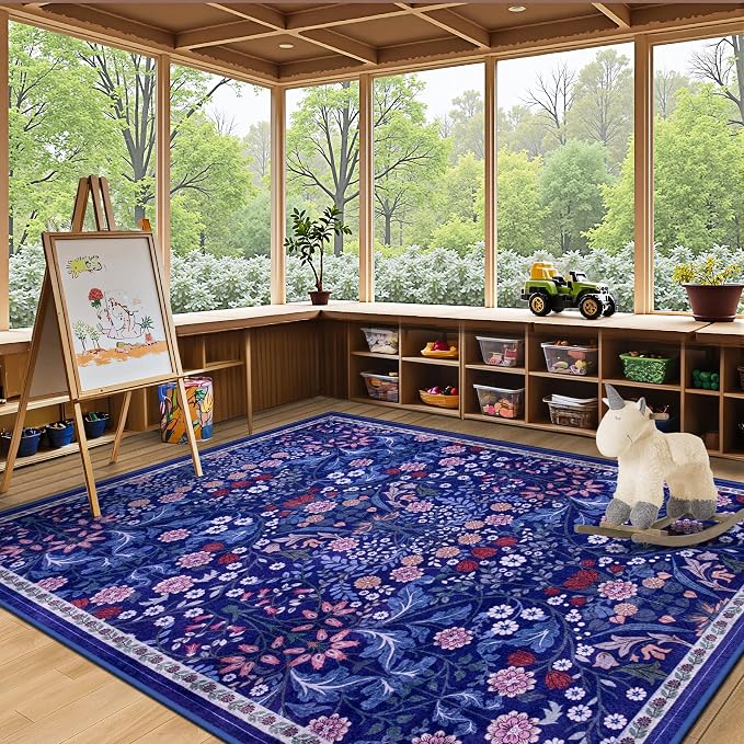 PLHXFR Area Rug Living Room: 5x7 Floral Washable Boho Soft Carpet Blue | - Image 5