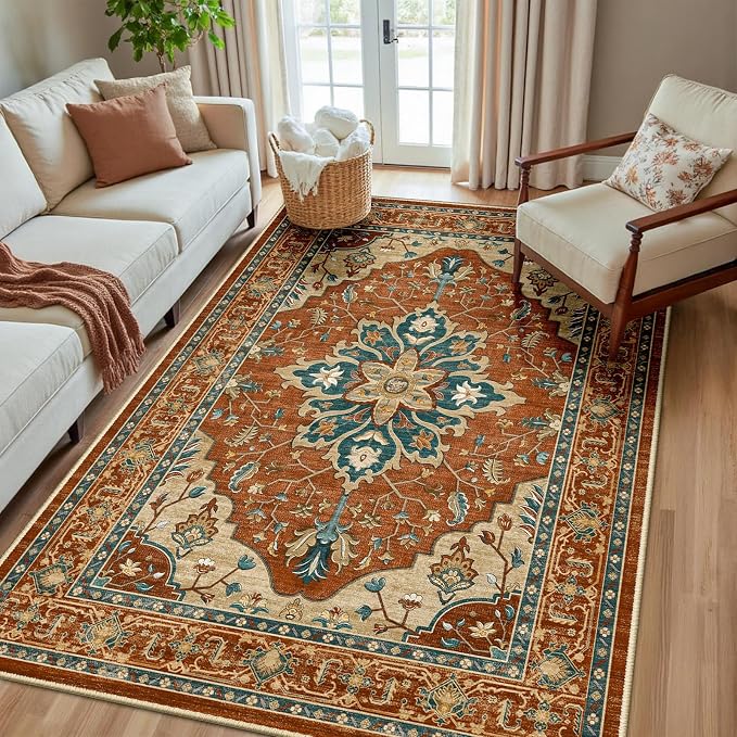 RELEANY Washable Area Rug, Water Repellent, Pet Friendly, Vintage Floral Boho by RELEANY