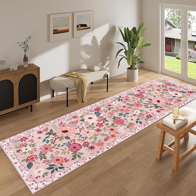 DUKINO 3x10 Runner Rug, Floral Washable Kitchen Runner Rug Non Slip, Low Pile - Image 3