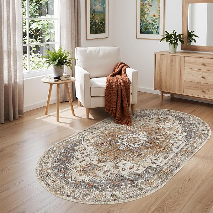 Madane Washable Oval Rug 3x5 for Entryway Small Area Rugs, Turmeric/Grey | by Madane