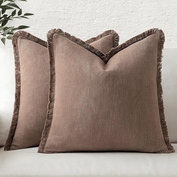 MIULEE Linen Fringe Decorative Fall Throw Pillow Covers Dark Coffee 18x18 | Set by MIULEE