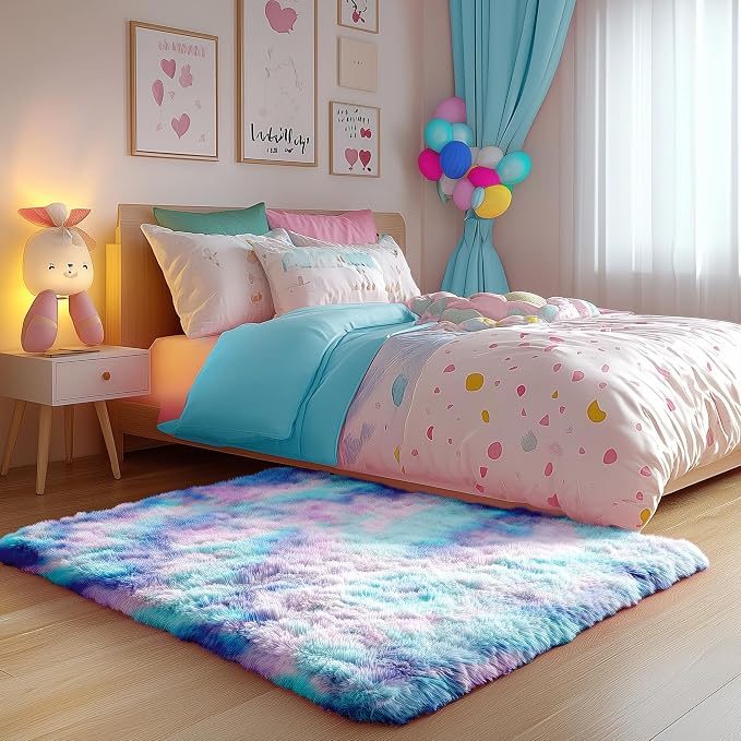 Adorable Rainbow Mermaid Rugs for Girls Bedroom Fluffy Purple Rug 3x5 Ft | - Image 3