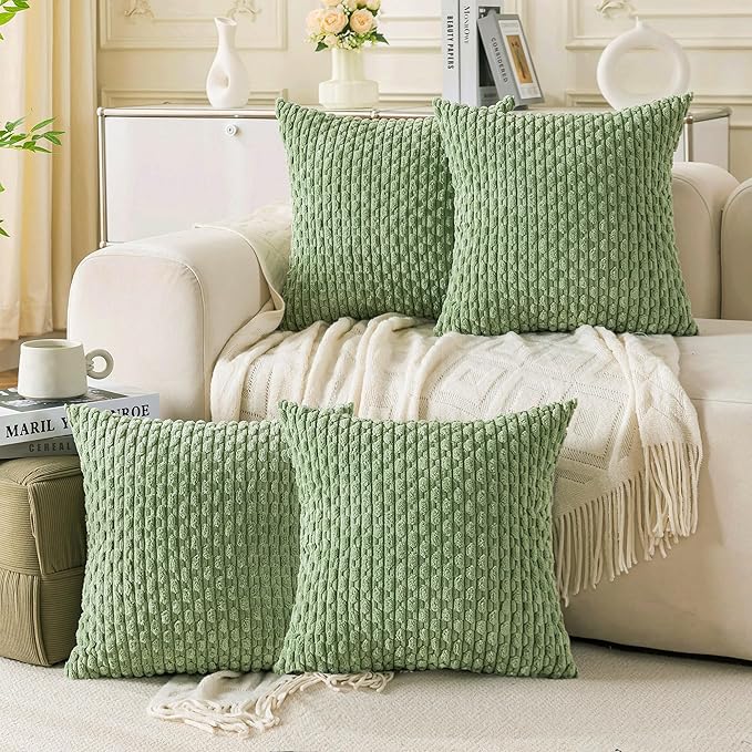 Set of 4 Sage Green Decorative Throw Pillow Covers 16x16 Inch Corduroy Pillow by Cozoomy