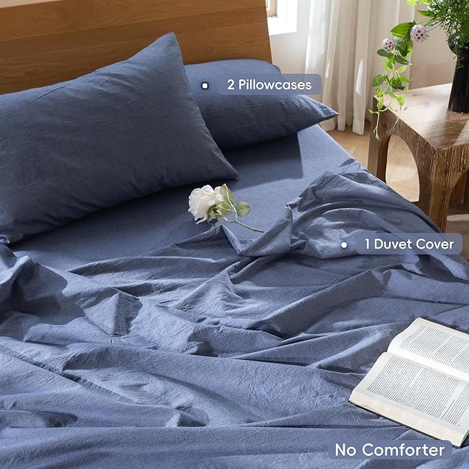 MooMee Bedding Duvet Cover Set 100% Washed Cotton Linen Like Textured Breathable Durable Soft Comfy (Heathered Blue, Palatial King/Oversized King 120"x98")