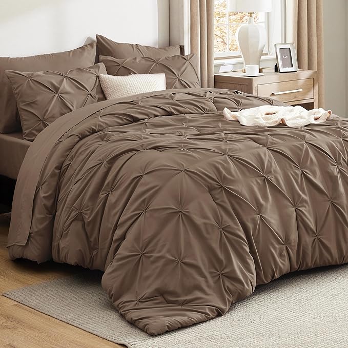 Bedsure Queen Comforter Set Brown - Bed in a Bag Queen Size Bedding 7 Pieces, GentleSoft™ Pintuck Bed Set Gift for Family, Pinch Pleat All Season Comforter with Sheets, Pillowcases & Shams