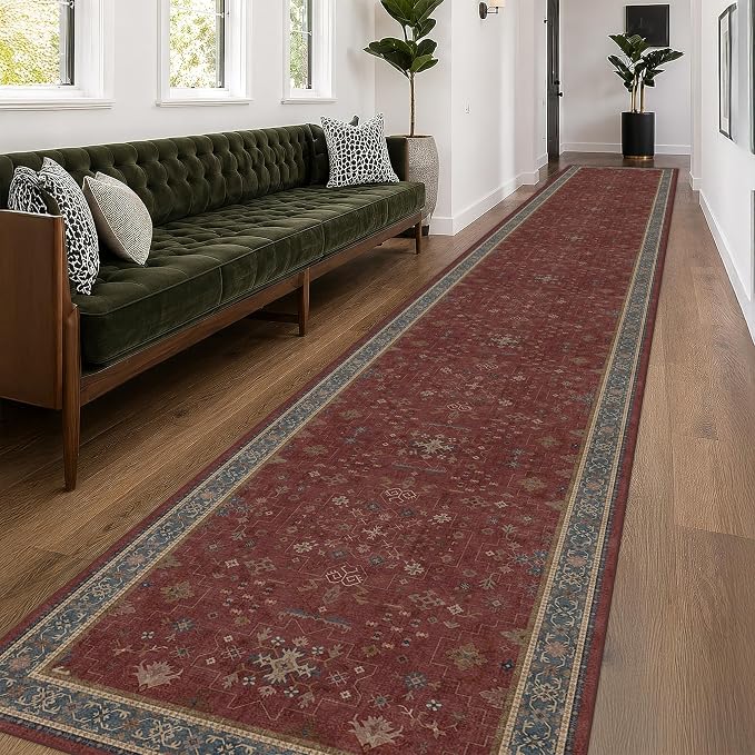 Burgundy Washable 3x20 Extra Long Hallway Runner Rug, Neutral Boho Large - Image 3