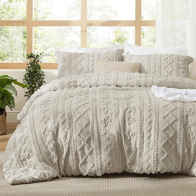 Bedsure Tufted Boho Comforter Set Oversized King - Linen Boho Bed Set, GentleSoft™ 3 Pieces Farmhouse Shabby Chic Embroidery Bedding, Gifts for Woman, Soft Jacquard Comforter for All Seasons