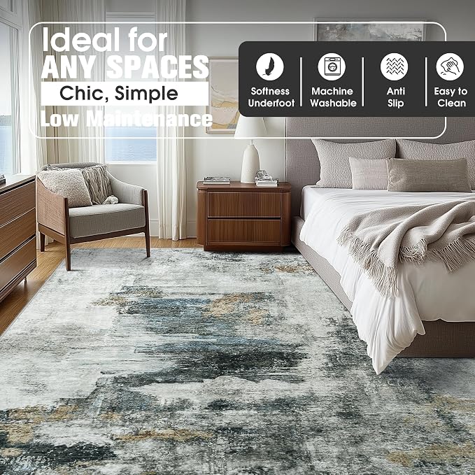 9x12 Area Rugs for Living Room Washable Bedroom Dining Room Black Gold | Modern - Image 8