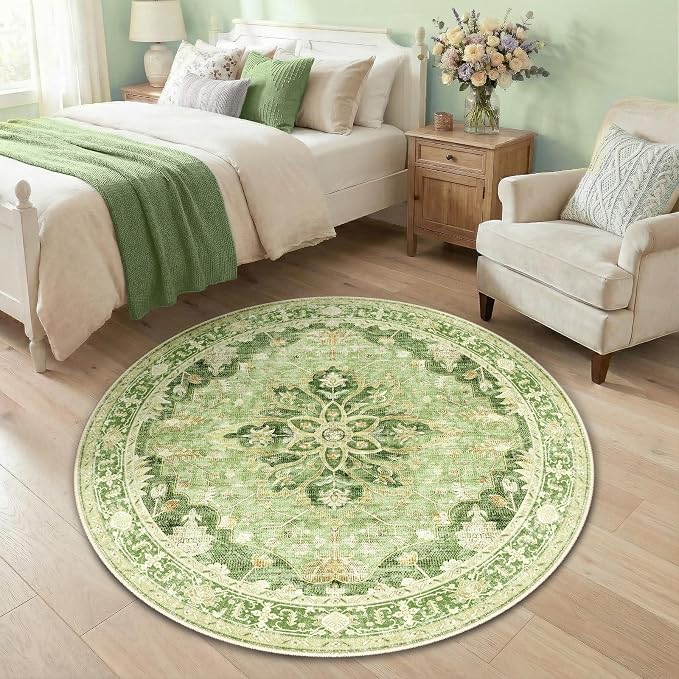 RELEANY Washable Area Rug, Round 4ft, Water Repellent, Pet Friendly, Vintage by RELEANY