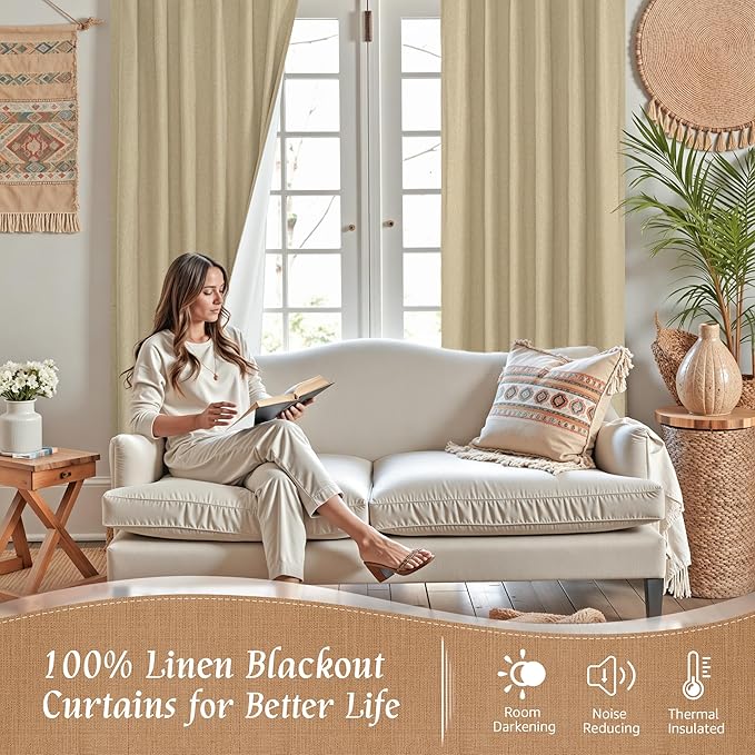 72 Inch Natural 100% Blackout Linen Curtains - Image 3